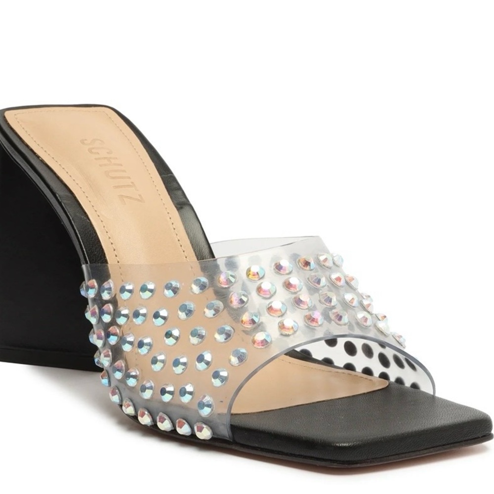 SCHUTZ Black and Clear Rhinestone Mules